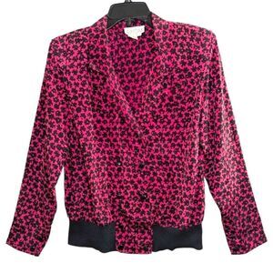 Vintage 90s Axiom Pink Black Geometric Floral Button Shoulder Pad Blouse Top 12
